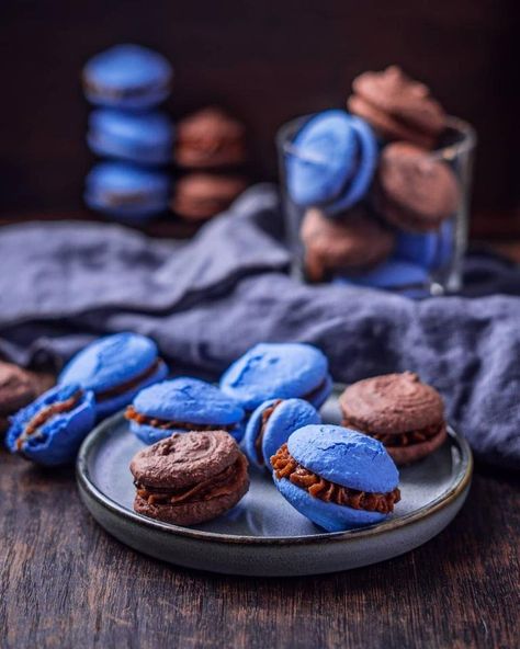 Blue spirulina and chocolate vegan macarons 😍😍 — Steemit Vegan Desert Recipes, Vegan Macarons, Plant Proteins, Blue Spirulina, Vegan Snack, Superfood Powder, Cream Filling, Macaron Recipe, Vegan Foodie