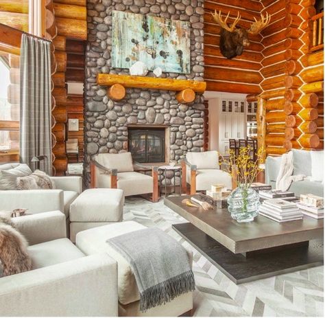 Wrj Design, Log Cabin Interiors, Cabin Guest Room, Log Cabin Remodel, Stone Fireplace Wall, Modern Log Cabin, Emily Henderson Design, Luxury Log Cabins, Log Cabin Interior