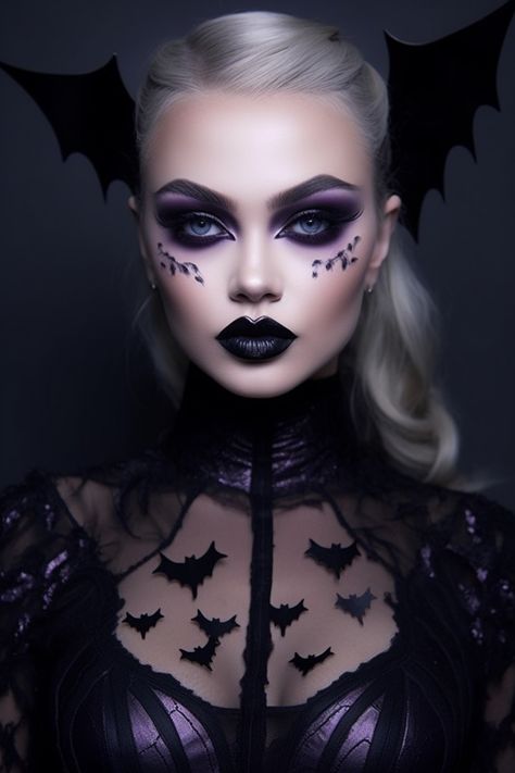 Halloween Batwing Beauty makeup inspired by Gothic aesthetics Dark Halloween Makeup Looks, Minimalist Goth Makeup, Easy Drag Makeup, Dark Angel Halloween Makeup, Gothic Halloween Makeup, Fallen Angel Halloween, Pretty Witch Makeup, Dark Angel Makeup, Halloween Beauty Makeup