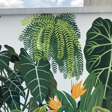 Plant Murals On Wall, Tropical Leaves Mural, Tropical Wall Murals Painted, Botanical Mural Painting, Leafy Mural, Greenery Mural, Plant Mural Wall, Monstera Mural, Mural Wall Art Ideas