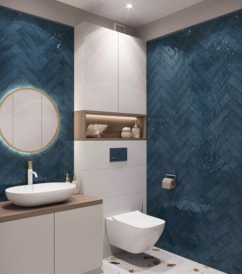 Turquoise And Grey Bathroom, Blue Toilet Room, Navy Bathroom Ideas, Blue Bathroom Tile Ideas, Tiled Wall, Blue Bathroom Tile, Small Bathroom Interior, Washbasin Design, Bathroom Decor Luxury