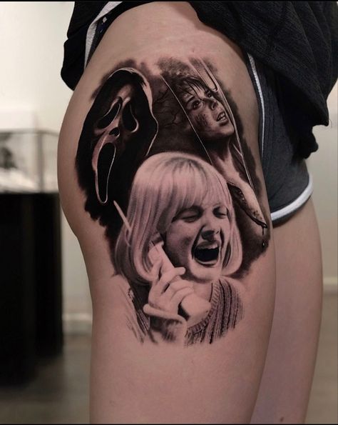 Horror Tattoo Filler, Tattoo Ideas Female Horror, Horror Movies Tattoos, Carrie Tattoo Horror, Classic Horror Tattoo, Movie Tattoo Flash, Horror Movie Sleeve Tattoos For Women, Horror Movie Sleeve Tattoo, Slasher Tattoo