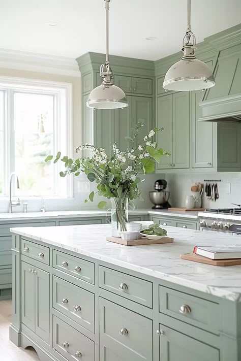 50+ Serene Kitchens with Sage Green Cabinets Clary Sage Kitchen, Painted And Stained Kitchen Cabinets, Pale Green Kitchen, Sage Color Scheme, Townhome Remodel, Sage Green Cabinets, Green Kitchens, Green Kitchen Accessories, Sage Kitchen