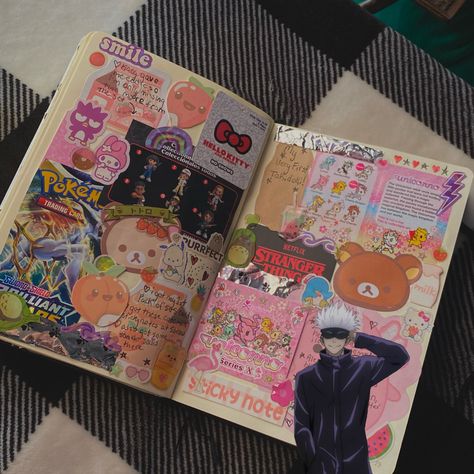 Pokemon Journal Ideas, Sanrio Journal, Pokemon Journal, Pokemon Journaling, Sanrio Journal Page, Anime Journaling Ideas, Anime Junk Journal, Journal Spreads Anime, Pretty Journals