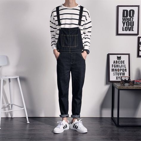 Vintage Men Style, Black Denim Overalls, Hipster Outfits, Streetwear Men Outfits, Men Fashion Casual Outfits, Mens Joggers, Denim Overalls, Mens Casual Outfits, Grunge Outfits