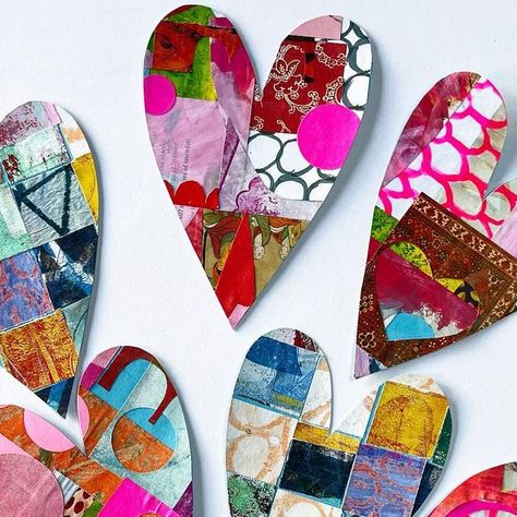 Jennifer Wilkin Penick on Instagram: ". Mixed Media Hearts I had so much fun making mixed media hearts along with participants in my sold-out workshop yesterday at @mocaarlington. These would make great valentines, but heart cards are also good for celebrating birthdays and just for sending to loved ones. We explored different approaches and techniques and I had a great time spending time with a terrific group of people. I have one more winter weekend in-person workshop coming up later this month. See @mocaarlington ‘s website for details and registration." Heart Art Collage, Paper Collage Art Abstract, Hearts Collage, Mixed Media Hearts Ideas, Mixed Media Valentines, Collage Heart, Heart Art Projects, Heart Mixed Media, Heart Collage