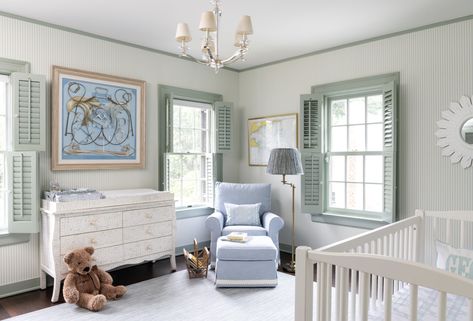 Toddler Bedroom Playroom, Transitional Nursery, Green Nursery Boy, Baby Watch, Blue Nursery Boy, Nursery Trends, Blue Shutters, Nursery Room Design, Green Nursery