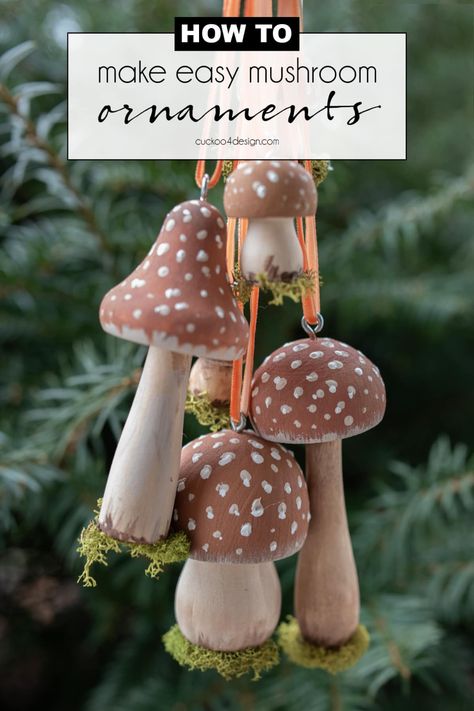 These cute DIY mushroom Christmas ornaments are easy enough even for small kids because I am using wooden mushroom shapes and craft paint. #ornamentDIY #DIYornaments #woodlandornaments #homemadeChristmasdecor #DIYchristmas #budgetChristmasdecor Cork Mushroom Diy, Wooden Shapes Crafts, Woodland Christmas Ornaments Diy, Painted Wooden Mushrooms Ideas, Diy Nature Ornaments, Fabric Mushrooms Pattern, Clay Crafts Ideas Easy, Halloween Ornaments Diy Ideas, Mushroom Diy Decor