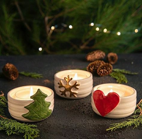 Clay Mug Diy, Christmas Tree Toppers Ideas, Tree Toppers Ideas, Holiday Pottery, Clay Candle Holders, Mug Diy, Clay Christmas Decorations, Clay Mug, Ceramic Christmas Decorations