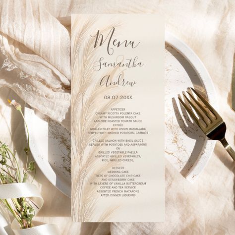 Boho summer pampas grass watercolor wedding  menu Desert Wedding Theme, Boho Desert Wedding, Grass Watercolor, Boho Desert, Chocolate Chip Cake, 30th Bday, Montana Wedding, Wedding Menu Cards, Tiered Wedding Cake