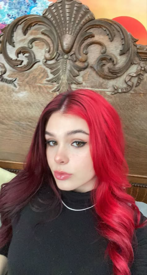 Red and black split dyed hair Split Dye Red Hair, Colorful Split Dyed Hair, Red And Purple Split Dye, Dark Red And Orange Hair, Red And Pink Split Dye, Client Manifestation, Red Split Hair, Half Red Half Brown Hair, Split Dyed Hair Ideas