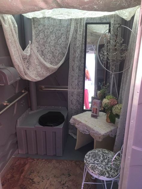 Decorated Ladies Porta Potty at Foxwood House. Wedding Day.  Chandelier. Lace. Flowers. Porta Potty Decorating Ideas Wedding, Decorated Porta Potty, Fancy Porta Potty, Porta Potty Decorating Ideas, Wedding Porta Potty, Porta Potty Wedding, Porta Potty Ideas, Decorating Ideas Wedding, River Party