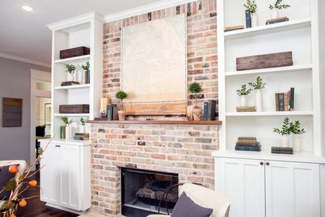 Copy Joanna's Farmhouse Style: 30 Things to Paint White Now | HGTV's Fixer Upper With Chip and Joanna Gaines | HGTV >> http://www.hgtv.com/shows/fixer-upper/copy-joannas-farmhouse-style-30-things-to-paint-white-now-pictures?soc=pinterest Fireplace With Bookshelves, Farmhouse Paint Colors Interior, Andong, Pig House, Gyeongju, Farmhouse Paint Colors, Fireplace Built Ins, Magnolia Market, Design Seeds