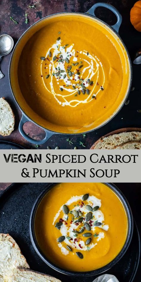 Spiced carrot and pumpkin soup - this delicious, warming vegan soup is easy to make and the perfect meal for Autumn. It is hearty and comforting and sure to become a family favourite you will want to make on repeat throughout the colder months. #vegan #veganmeal #vegansoup #plantbased #healthy #pumpkin Pumpkin Carrot Soup, Carrot And Coriander Soup, Pumpkin Recipes Dinner, Vegan Pumpkin Soup, Spiced Carrots, Pumpkin Recipes Healthy, Pumpkin Soup Recipe, Soup Vegan, Vegan Soup Recipes