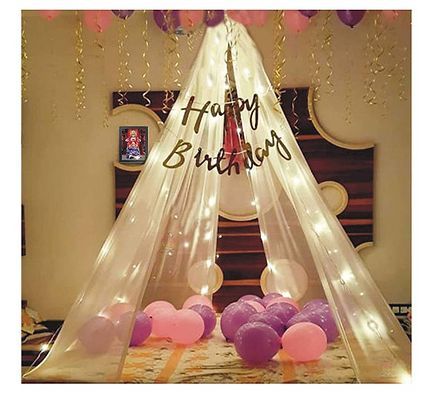 Trendy Tent Birthday Decoration Set Includes White Net For Cabana Theme Party With Led Lights, Happy Birthday Gold Cursive Banner And Pink Purple Metallic Balloons Romantic Dinner Decorations For Girls Backdrop Canopy Birthday Decoration, Canopy Birthday, Birthday Decoration Items, Pink Birthday Decorations, Romantic Dinner Decoration, Birthday Decoration Ideas, Romantic Room Decoration, Prop Box, 18th Bday