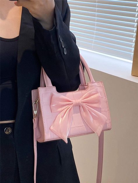 Mini Crocodile Embossed Bow Decor Square Bag | SHEIN USA Square Bag, Purse, Collar, Square, Pink