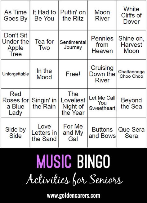 Name That Tune Game For Seniors, Music Bingo Free Printable, Music Activities For Seniors, Name That Tune Game, Slp Office, Resident Activities, Bingo Ideas, Music Therapy Activities, Activities Director