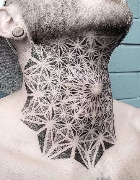 Geometric tattoos have been growing in popularity. Geometric tattoos are subtle yet unquestionably stylish, ranging from basic lines to more intricate geometric tattoo designs. Choose a pattern for your neck tattoo that follows the natural lines of your neck. This will give your tattoo a ‘wrapped’ look, allowing it to blend in with your skin. Triangle Neck Tattoo, Geometric Neck Tattoo, Geometric Throat Tattoo, Geometric Tattoo Neck, Back Of Neck Tattoo Men, Fenrir Tattoo, Geometric Tattoo Sleeve Designs, Geometric Tattoo Pattern, Best Neck Tattoos