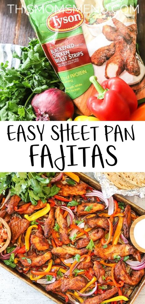 These easy sheet pan fajitas are the weeknight supper that your family has been waiting for! With just a handful of ingredients and almost infinite ways to customize them, this recipe is about to become your go-to meal! #ad Tyson Chicken Recipes, Easy Sheet Pan Fajitas, Sheet Pan Fajitas, Pan Fajitas, Blackened Chicken Recipe, Tyson Chicken, Grilled Chicken Strips, Chicken Strip Recipes, Tyson Foods