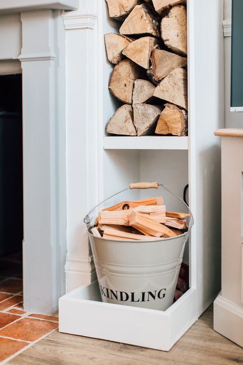 Elle's Modern Country Home | Downstairs - Rock My Style | UK Daily Lifestyle Blog Wood Storage Inside House, Built In Bookshelves Around Woodstove, Wood Store In Alcove, Large Inglenook Fireplace, Modern Country Lounge Room Ideas, Media Wall With Log Storage, Log Burner Modern, Alcove Log Storage Ideas, Alcove Wood Storage