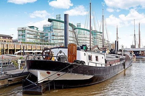 Neil found an old 100ft Dutch barge (pictured) built in 1913 that he could use to create h... Dutch Barge, Living On A Boat, London Office, Canal Boat, Floating House, Houseboat, Wood Burner, River Thames, Farm Heroes