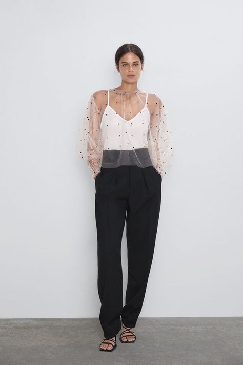 Zara Semi-Sheer Polka Dot Blouse Sheer Polka Dot Top, White Sheer Top, Outfit Plan, Pretty Top, Polka Dot Blouse, Tops Fall, Sheer Sleeves, Dot Tops, Who What Wear