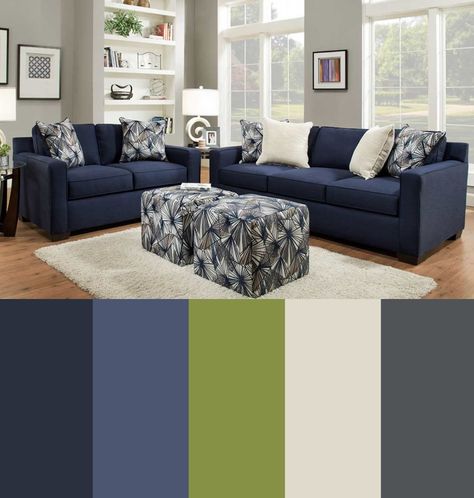 Indigo Sofa, Blue Living Room Color Scheme, Sage Green And Navy, Blue Living Room Color, Blue Sofa Living, Blue And Green Living Room, Blue Sofas Living Room, Tan Living Room, Green Living Room Decor