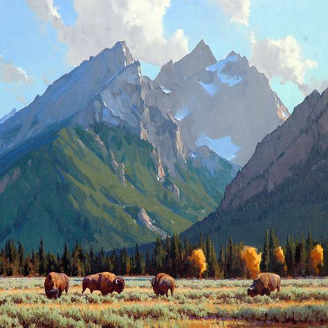 Cottage Illustration, Buffalo Painting, Southwest Art, Limited Edition Giclee, Mountain Paintings, Landscape Illustration, Western Art, Mail Art, Cool Paintings