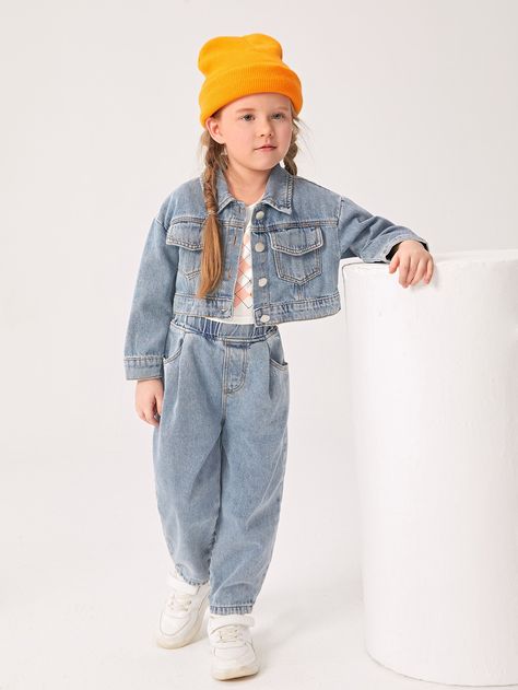 Light Wash Casual Collar Long Sleeve  Plain  Embellished Non-Stretch  Toddler Girls Clothing Denim Jacket With Jeans, Kids Denim Jacket, Jean Jacket For Girls, Jean Jacket Outfits, Denim Jacket Outfit, Soft Makeup, Girls Denim, Tapered Jeans