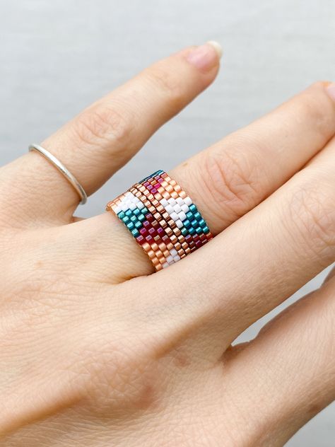 Woven boho chic ring, Minimalist beaded ring, Boho beaded ring, Miyuki wide ring, Women cocktail ring, Minimalist ring set with triangles Miyuki Ring Tutorials, Seed Beads Rings, Beaded Ring Pattern, Beading Rings, Miyuki Ring, Beads Rings, Miyuki Beads Pattern, Bead Rings, Woven Ring