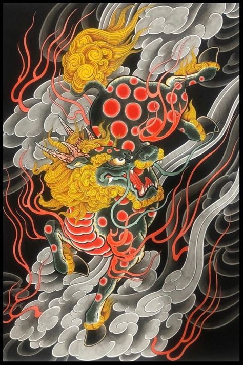 Japanese Mythical Creatures, Traditional Japanese Tattoo Flash, Japanese Leg Tattoo, Japanese Back Tattoo, Foo Dog Tattoo, Japan Tattoo Design, Japanese Dragon Tattoos, Fu Dog, Japanese Drawings