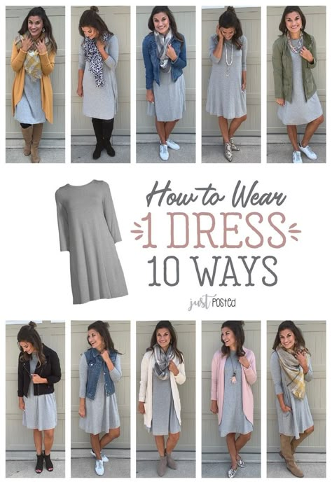 How to Wear One Grey Dress 10 Ways #justpostedblog #ShopStyle #shopthelook #MyShopStyle #OOTD #LooksChallenge #ContributingEditor #Lifestyle Grey Dress Outfit, Mode Ab 50, Outfit For Church, Teaching Outfits, Wear To Work Dress, Stil Inspiration, Fashion Capsule, Grey Dress, Church Outfits