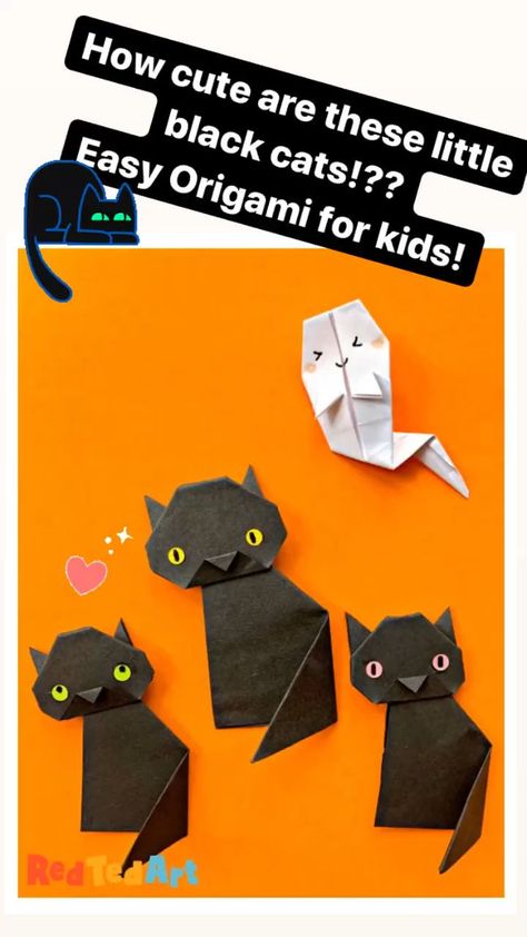 Super cute and easy black cat origami for kids! What a lovely little Halloween decoration!! Origami For Halloween, Cat Origami, Origami For Kids, Easy Origami For Kids, Halloween Origami, Halloween Videos, Crafts By Season, Matchbox Crafts, Red Ted Art