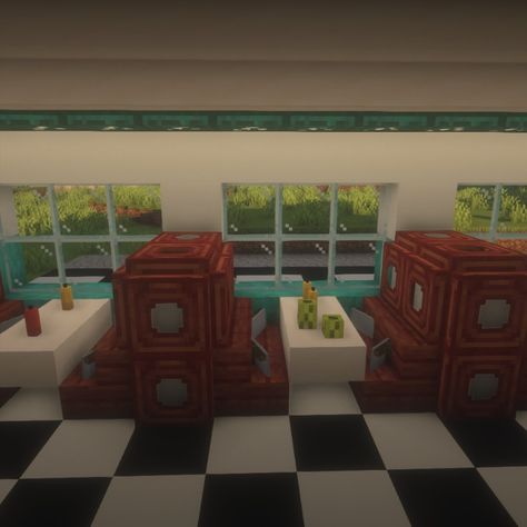 Add this 60s diner into oyur world to add a little spice and nostaglia!
#minecraft #minecraftdesign #minecraftrestaurant Minecraft 80s House, Diner Minecraft, Minecraft Diner, 60s Diner, Minecraft Restaurant, Minecraft Stores, Minecraft Idea, Restaurant Kitchen Design, Restaurant Layout