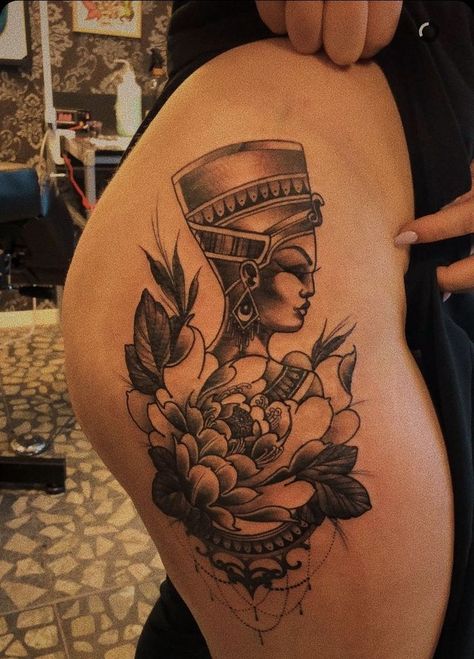 Nefertiti Tattoo, Thigh Tattoos For Women, Geometric Flower Tattoo, Commission Ideas, Remove Tattoo, Tattoo Hip, Flower Thigh Tattoos, Female Tattoos, Tattoo Meanings