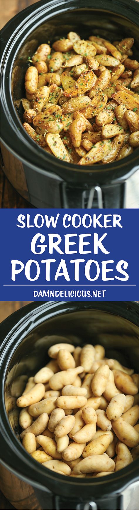 Slow Cooker Greek Potatoes - Buttery crisp-tender potatoes with olive oil, garlic, lemon and oregano. Made so easily in the crockpot - less than 5 min prep! Lemon Greek Potatoes, Greek Potatoes, Olive Oil Garlic, Crock Pot Slow Cooker, Crock Pot Cooking, Slow Cooking, Greek Recipes, Vegetable Dishes, Mediterranean Recipes