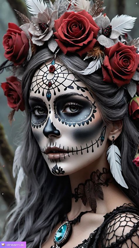 Sugar Skull Art Painting, Halloween Women Makeup, Scary Clown Face, Female Skull, Gothic Background, Halloween Makeup Sugar Skull, Dead Makeup, Native American Tattoos, Creepy Halloween Makeup