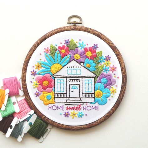 Home Sweet Home Embroidery Pattern, Home Embroidery Pattern, Home Sweet Home Embroidery, Pdf Embroidery Pattern, Home Embroidery, Digital Embroidery Patterns, Folk Art Flowers, Floral Embroidery Patterns, Thread Painting