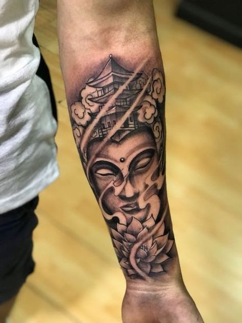 Forearm Tattoos For Guys – 115 Incredible Designs and Ideas Buddha Forearm Tattoo For Men, Laos Tattoo Ideas, Buddha Tattoo Men, Buddha Tattoo Designs Men Arm, Buddha Tattoo Design Men, Japanese Buddha Tattoo Design, Bhudha Tattoo Designs, Cool Forearm Tattoos Men, Buddha Hand Tattoo