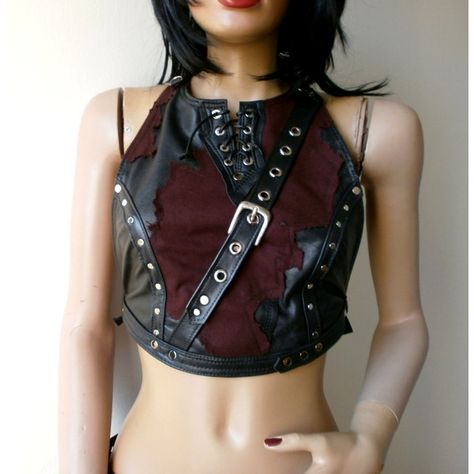 Black leather crop top / open back halter with belt, straps, studs &... ($155) ❤ liked on Polyvore featuring tops Leather Top Outfit, Black Leather Crop Top, Halter Tops Outfit, Fire Costume, Leather Halter Top, Red Halter Top, Dance Styles, Open Back Crop Top, Alt Clothes