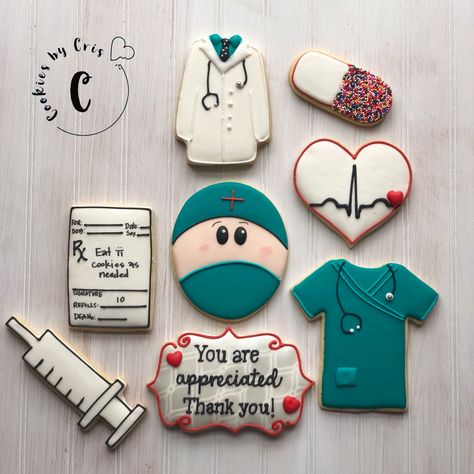 Surgeon Cookies Decorated, Doctor Royal Icing Cookies, Doctor Day Cookies, Doctors Day Cookies, Medical Themed Cookies, Doctor Cookies Med School, Surgery Cookies Decorated, Medical Decorated Cookies, Doctor Cookies Decorated