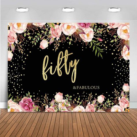 Amazon.com: Mocsicka Fabulous Fifty Birthday Backdrop Floral Gold Dots 50th Birthday Background for Women Vinyl Fifty Years Old Party Accessories Fete Day Banner Cake Table Photo Studio Props (6x4ft) : Home & Kitchen 50th Birthday Background, 50th Birthday Celebration Ideas, 50th Birthday Party For Women, 50th Birthday Party Themes, 50th Birthday Themes, 50th Birthday Cake Toppers, Photo Studio Props, Backdrop Floral, 50 Party