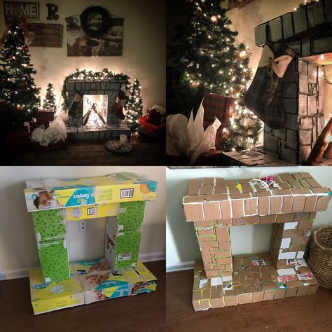 Christmas mantle 🎄🎅🏻🎁 ballin on a budget. DIY fireplace . Military decorating . Renter friendly. Diaper boxes. Cardboard box. Recycle. Budget friendly. Renter Friendly Christmas Decor, Christmas Fireplace Diy Boxes, Diy Paper Fireplace Christmas, Cardboard Box Fireplace Diy, Diy Christmas Fireplace Cardboard Easy, Cardboard Box Fireplace Christmas, Box Recycle, Ballin On A Budget, Fireplace Diy