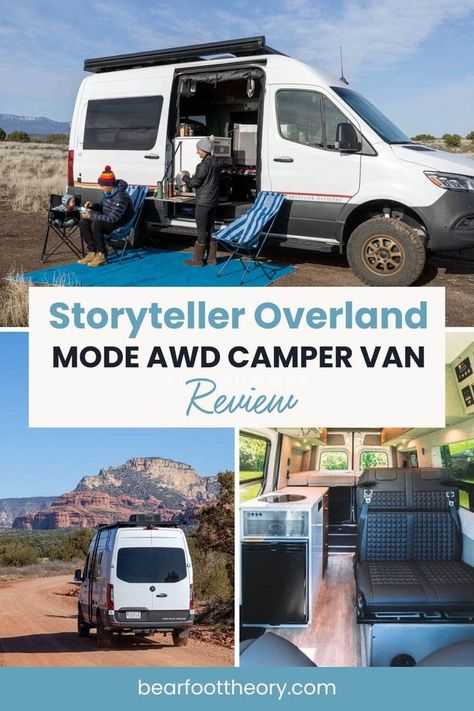 Collage of three photos of Storyteller Overland MODE AWD Van with interior and exterior views. Overlay text reads "Storyteller Overland MODE AWD camper van  review" The Storyteller, Sprinter Camper, Bus Life, Remote Island, Vintage Trailer, Off Road Adventure, Off The Beaten Path, Truck Camper, Backpacking Travel