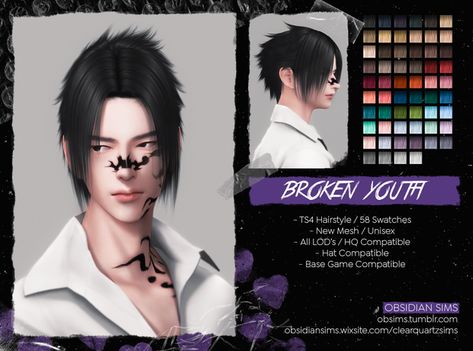 BROKEN YOUTH HAIRSTYLE ┊ New mesh | OBSIDIAN SIMS on Patreon Obsidian Sims, Sasuke Hair, Sims 4 Stories, Sims 4 Hair Male, Sims 4 Piercings, Sims Packs, Sims Building, Sims 4 Characters, Sims House Design