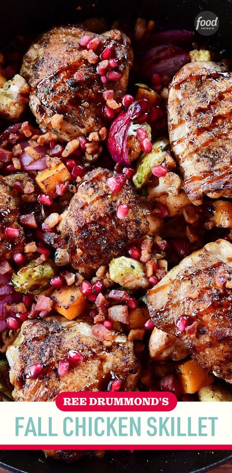 Recipe of the Day: Ree Drummond's Fall Chicken Skillet 🥘 Ree's favorite part of the chicken is the thigh, and she likes it with the bone in and the skin on. She begins this recipe by frying bacon, then frying the chicken in the bacon grease, a great tip for adding extra flavor to a dish. Fresh sage and rosemary, butternut squash, Brussels sprouts and pomegranate check all the fall flavor boxes. Pioneer Woman Chicken, Sage And Rosemary, Chicken Skillet Recipes, Chicken Skillet, Fresh Sage, Recipe Sheets, Balsamic Reduction, Chicken Meals, Bacon Grease