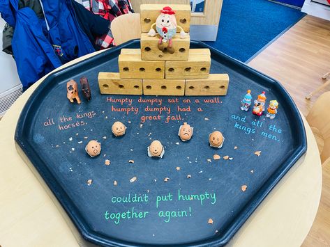 Nursery Rhyme Week Eyfs, Filling And Emptying Activities Eyfs, Nursery Rhymes Tuff Tray Ideas, Nursery Rhyme Tuff Tray, Humpty Dumpty Activities Preschool, Humpty Dumpty Activities, Nursery Display Boards, Nursery Rhymes Preschool Crafts, Tuff Tray Ideas Toddlers