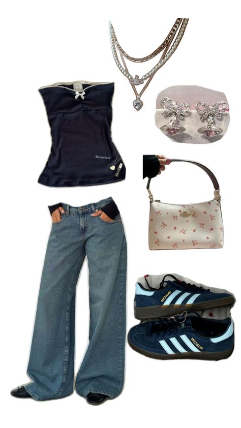 navy blue outfit including baggy jeans, navy lace strapless top, blue adidas spezials, Coach bow bag and Vivienne Westwood jewellery Blue Top Outfit, Adidas Spezials, Navy Blue Outfit, Vivienne Westwood Jewellery, Bow Bag, Lace Strapless, Top Outfit, Navy Lace, Cool Fits