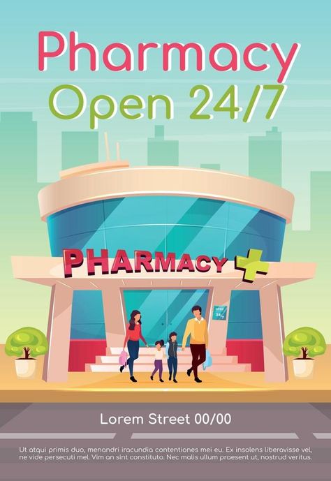 Pharmacy open 24 7 poster flat vector template. Medicine and healthcare. Medication available everyday. Brochure, booklet one page concept design with cartoon characters. Drugstore flyer, leaflet Pharmacy Brochure, Pharmacy Poster, Poster Flat, Free Brochure Template, Free Writing, University Of Kansas, Vector Template, Flat Vector, Business Administration