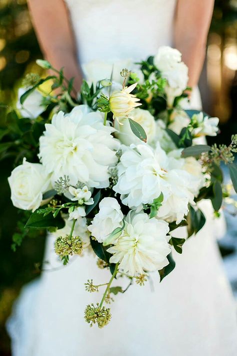 Exquisite Wedding Bouquet Arranged With: White Dahlias, White Freesia, White Roses, White Lisianthus, Green Seeded Eucalyptus + Additional Greenery/Foliage>>>> White Dahlia Bouquet, Seeded Eucalyptus Bouquet, Dahlia Wedding Bouquets, Blush Bouquet Wedding, Simple Wedding Bouquets, Dahlias Wedding, White Dahlia, Burgundy Bouquet, Dahlia Bouquet